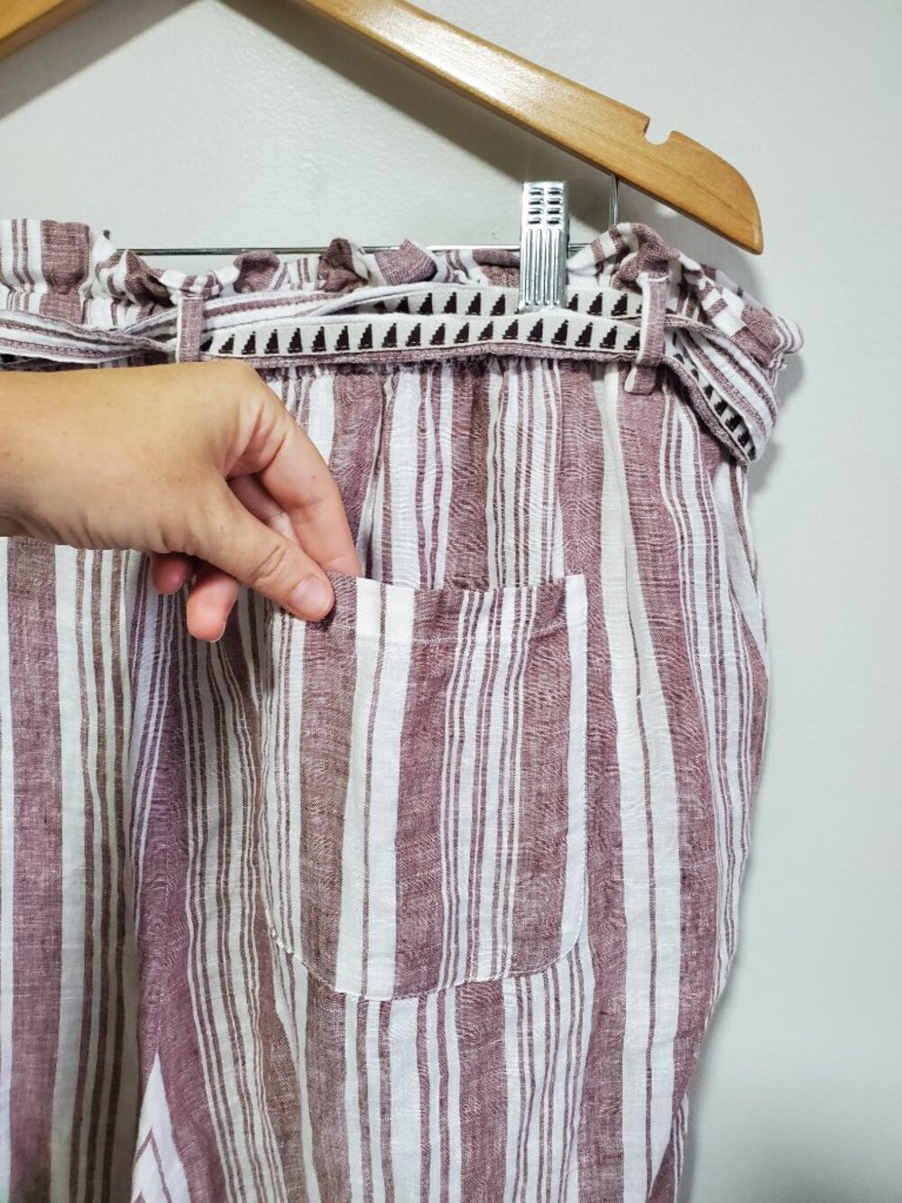 H&M x LEMLEM 100% Linen 28" Paperbag Pants Red White Stripe XL Belt Beach Travel - Picture 9 of 14